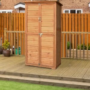 YTGLEN Outdoor Storage Cabinet, Wood Garden Shed, Pool Storage Shed with Lockable Door, Waterproof Roof and 2 Removable Shelves, Vertical Outside Storage Shed for Patio, Backyard and Lawn