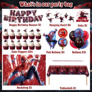 Spider Birthday Party Supplies, Spider Birthday Party Decorations Include Backdrop, Birthday Banner, Hanging Swirls, Spider Balloons, Cupcake Toppers, Tablecloth