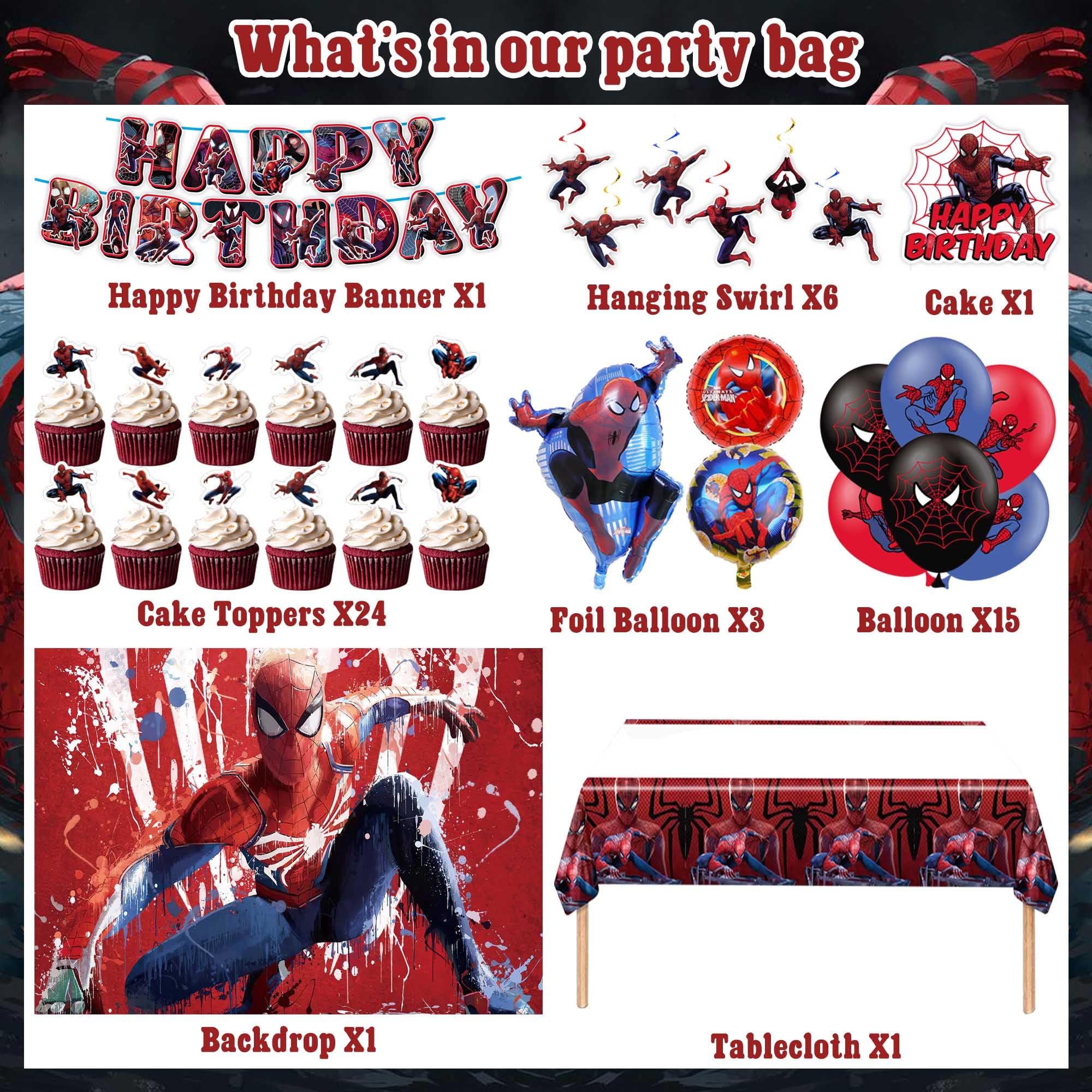 Spider Birthday Party Supplies, Spider Birthday Party Decorations Include Backdrop, Birthday Banner, Hanging Swirls, Spider Balloons, Cupcake Toppers, Tablecloth