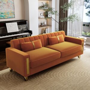 DOOSOODAA 2-Piece Loveseat Couch Set for Living Room, 86" Orange Velvet Sofa Couch with 4 Pillows & Gold Metal Legs, Modern Upholstered Sofa Set Love Seat Sectional Couches for Apartment Home Office