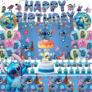 cartoon birthday party decorations include birthday banner, balloons, backdrop, cupcake toppers, hanging swirls, tablecloth, cartoon birthday party supplies