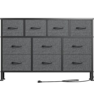 lulive grey dresser for bedroom 10 drawer, bedroom tv stand with power outlet, entertainment center chest of drawers, long fabric dresser for living room save space (grey)