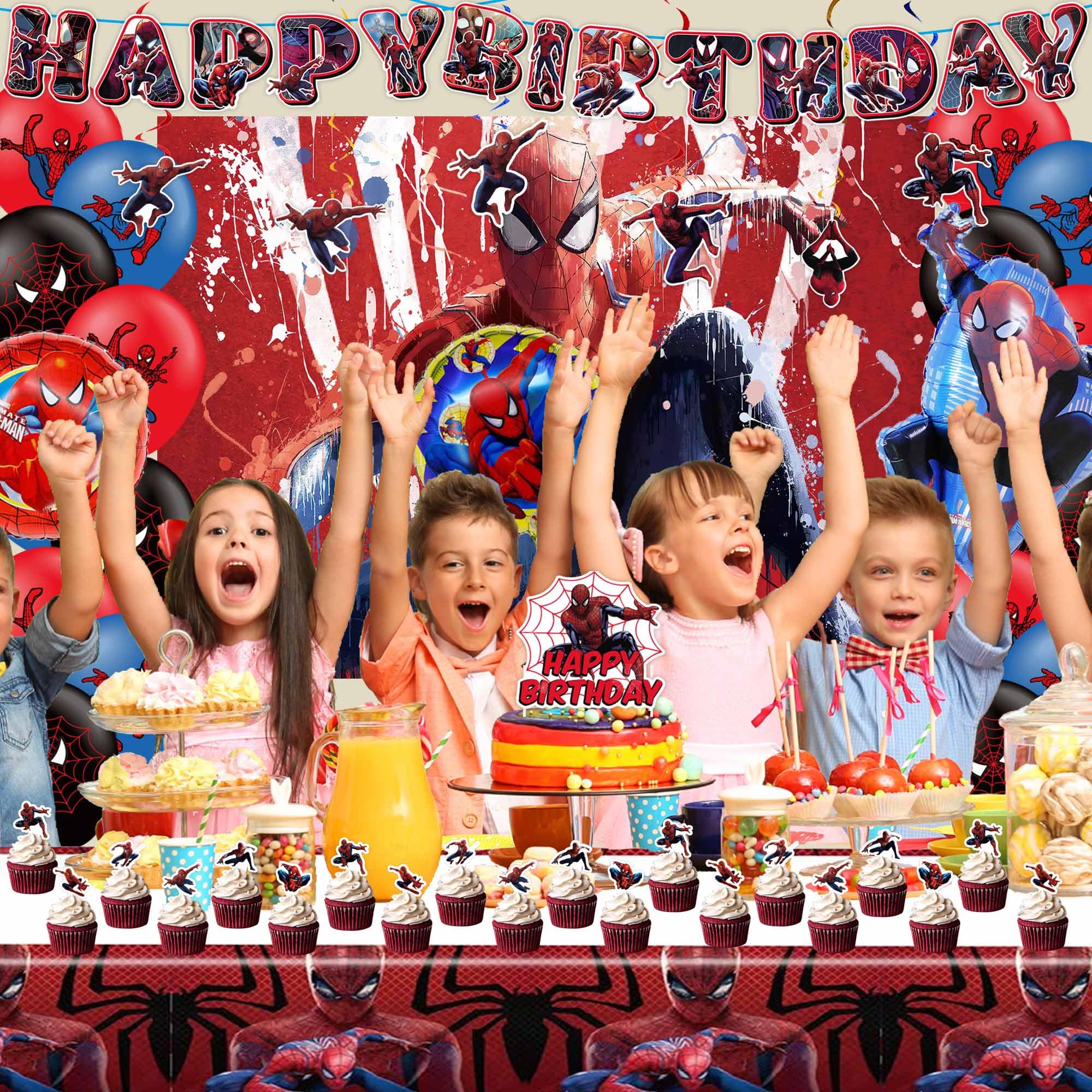 Spider Birthday Party Supplies, Spider Birthday Party Decorations Include Backdrop, Birthday Banner, Hanging Swirls, Spider Balloons, Cupcake Toppers, Tablecloth