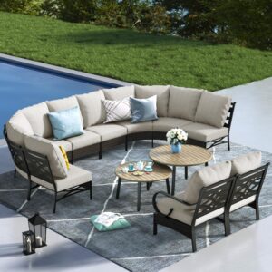 mfstudio patio furniture set, 10 seats half-moon curved outdoor sectional sofa conversation set with 2 wood-like round table, woven rattan patio couch for backyard, garden, deck