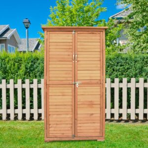 YTGLEN Outdoor Storage Cabinet, Wood Garden Shed, Pool Storage Shed with Lockable Door, Waterproof Roof and 2 Removable Shelves, Vertical Outside Storage Shed for Patio, Backyard and Lawn