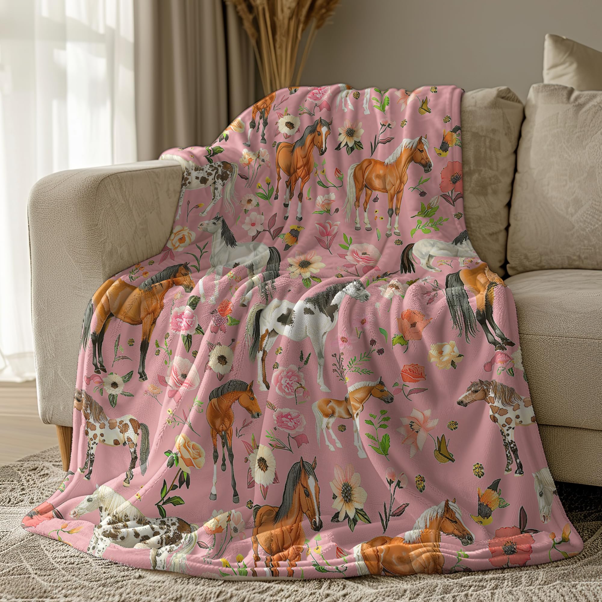 Ooeiiiy Horse and Flowers Blanket, Gifts for Girls Woman, Super Soft Warm Flannel Horse Throw Blankets, Sofa Office Lightweight Blanket, Cute Animal Horses Print Blanket 50x40 in