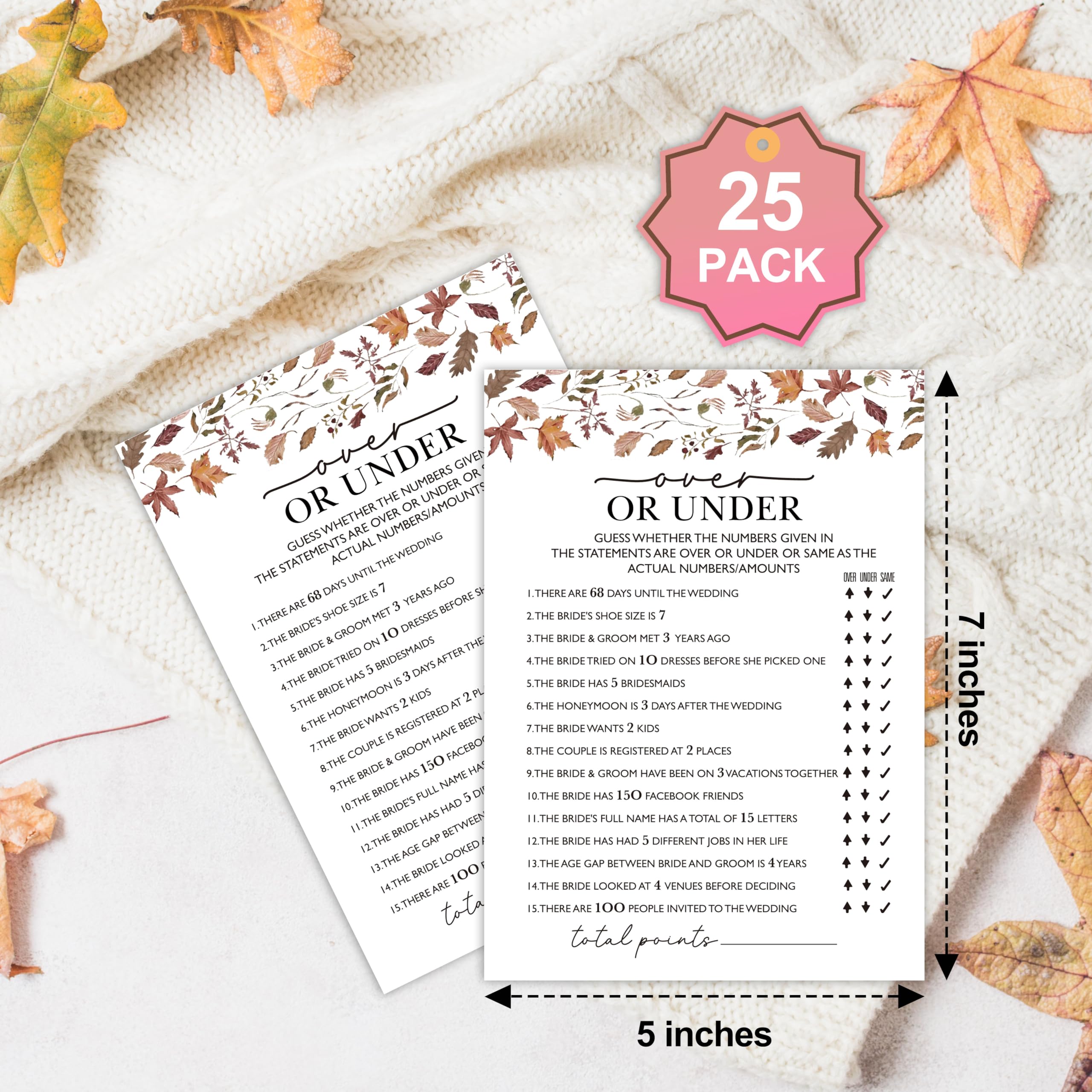 Fall Bridal Shower Games – 25 Pack, Over Or Under Game, Autumn Floral Wedding Shower Games Cards, Newlyweds Party Decoration, Engagement Party Games, Bachelorette Party Ideas -06