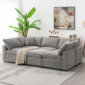 ONEMMLION 130" Modular Sectional Sofa Cloud Couches for Living Room, Convertible Oversized Sectional Sleeper Sofa Bed, Modern Deep Seat Comfy Fluffy Chenille 6 Seat U Shaped Couch with Ottoman, Grey