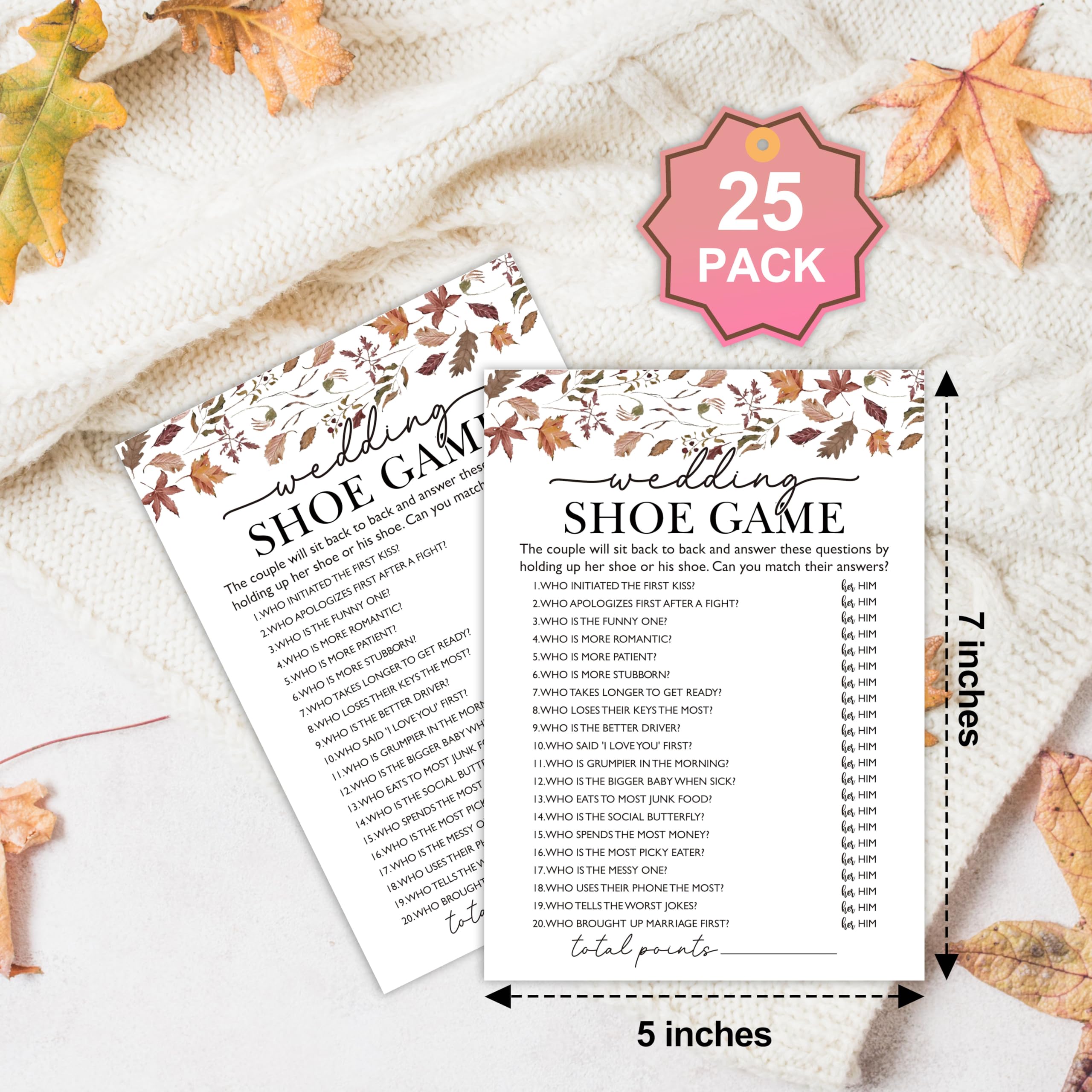 Fall Bridal Shower Games – 25 Pack, Wedding Shoe Bridal Shower Games, Autumn Floral Wedding Shower Games Cards, Newlyweds Party Decoration, Engagement Party Games, Bachelorette Party Ideas -07