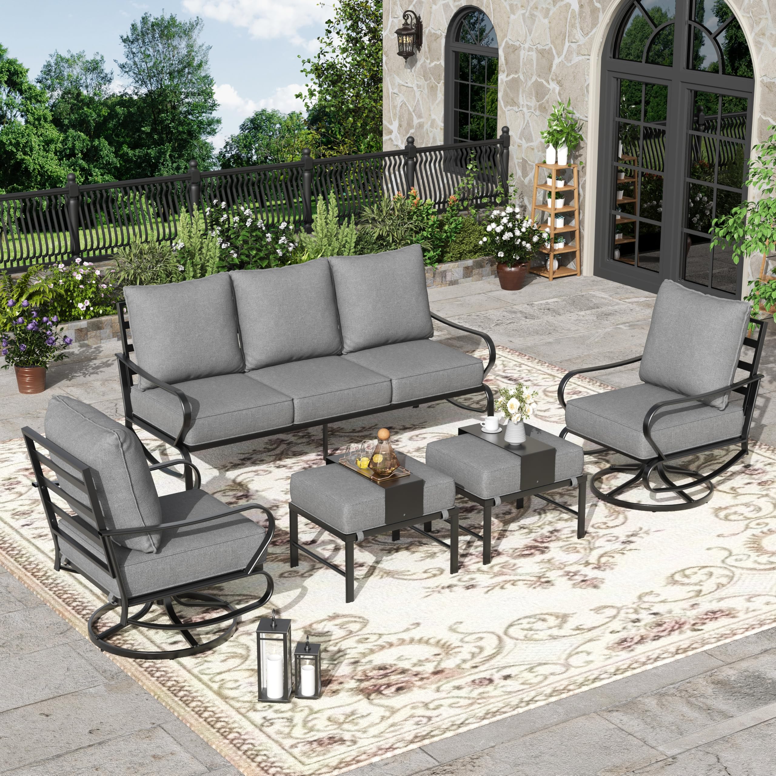 Amopatio Patio Furniture Set, Outdoor Furniture Set with Swivel Chair, 5 Pieces Patio Conversation Sets with 5.75" Extra Thick Cushion Include Waterproof Covers for Poolside Deck, Grey