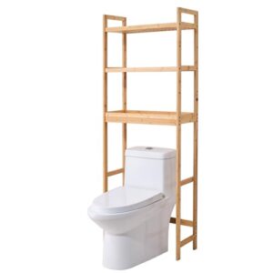 VEVOR Over The Toilet Storage, 3-Tier Adjustable Over Toilet Bathroom Organizer, Bamboo Storage Shelf Rack with 3 Hooks, Freestanding Easy Assembly Laundry Space Saver, Fit Most Toilets