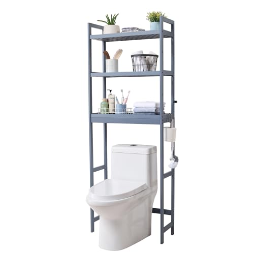 VEVOR Over the Toilet Storage, 3-Tier Adjustable Over Toilet Bathroom Organizer, Bamboo Storage Shelf Rack with 3 Hooks, Freestanding Easy Assembly Laundry Space Saver, Fit Most Toilets, Gray