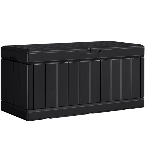 YESHOMY Storage Chest, Entryway Resin Shoe Bench with Hydraulic Bracket Flip Lid, Side Holder, Supports 450 lbs for Bedroom, Living Room, Lockable, Dark Black