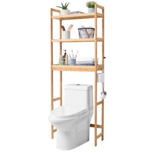 VEVOR Over The Toilet Storage, 3-Tier Adjustable Over Toilet Bathroom Organizer, Bamboo Storage Shelf Rack with 3 Hooks, Freestanding Easy Assembly Laundry Space Saver, Fit Most Toilets