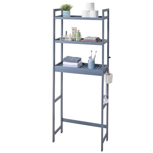 VEVOR Over the Toilet Storage, 3-Tier Adjustable Over Toilet Bathroom Organizer, Bamboo Storage Shelf Rack with 3 Hooks, Freestanding Easy Assembly Laundry Space Saver, Fit Most Toilets, Gray