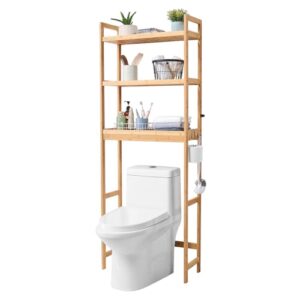 vevor over the toilet storage, 3-tier adjustable over toilet bathroom organizer, bamboo storage shelf rack with 3 hooks, freestanding easy assembly laundry space saver, fit most toilets