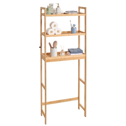 VEVOR Over The Toilet Storage, 3-Tier Adjustable Over Toilet Bathroom Organizer, Bamboo Storage Shelf Rack with 3 Hooks, Freestanding Easy Assembly Laundry Space Saver, Fit Most Toilets