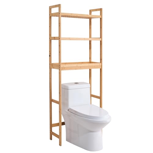 VEVOR Over The Toilet Storage, 3-Tier Adjustable Over Toilet Bathroom Organizer, Bamboo Storage Shelf Rack with 3 Hooks, Freestanding Easy Assembly Laundry Space Saver, Fit Most Toilets