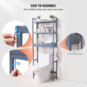 VEVOR Over the Toilet Storage, 3-Tier Adjustable Over Toilet Bathroom Organizer, Bamboo Storage Shelf Rack with 3 Hooks, Freestanding Easy Assembly Laundry Space Saver, Fit Most Toilets, Gray