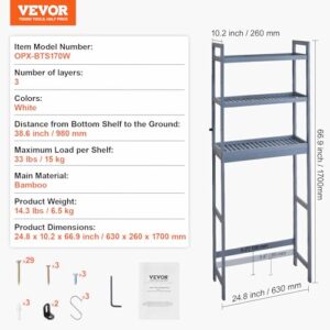 VEVOR Over the Toilet Storage, 3-Tier Adjustable Over Toilet Bathroom Organizer, Bamboo Storage Shelf Rack with 3 Hooks, Freestanding Easy Assembly Laundry Space Saver, Fit Most Toilets, Gray