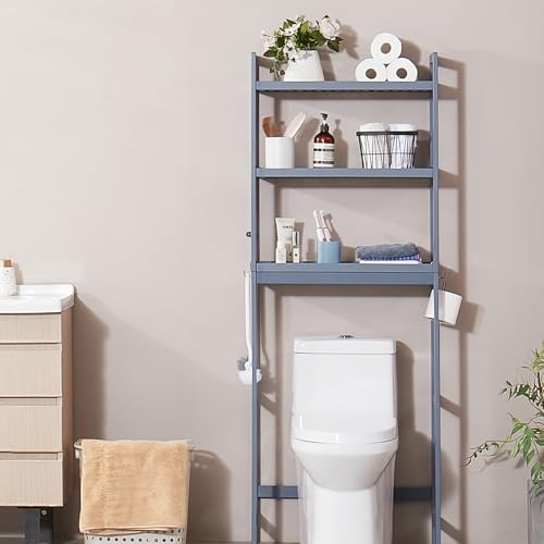 VEVOR Over the Toilet Storage, 3-Tier Adjustable Over Toilet Bathroom Organizer, Bamboo Storage Shelf Rack with 3 Hooks, Freestanding Easy Assembly Laundry Space Saver, Fit Most Toilets, Gray