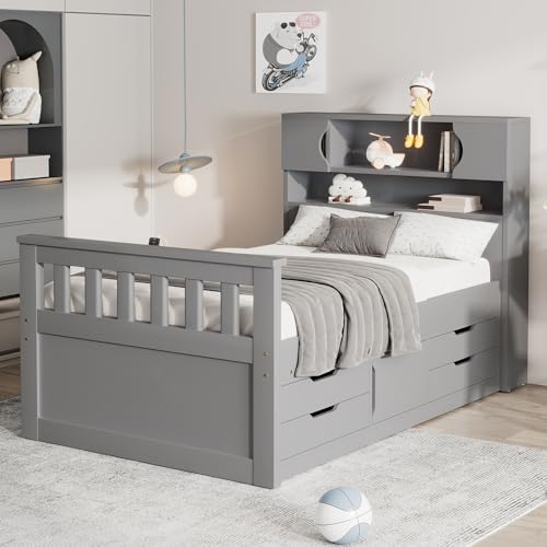 DEYOBED Twin Size Captain Platform Bed with Storage Bookcases, Shelves and 4 Drawers, Twin Wood Storage Platform Bed with Removable Storage Space for Kids, Boys and Girls, Gray