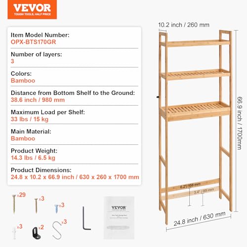 VEVOR Over The Toilet Storage, 3-Tier Adjustable Over Toilet Bathroom Organizer, Bamboo Storage Shelf Rack with 3 Hooks, Freestanding Easy Assembly Laundry Space Saver, Fit Most Toilets