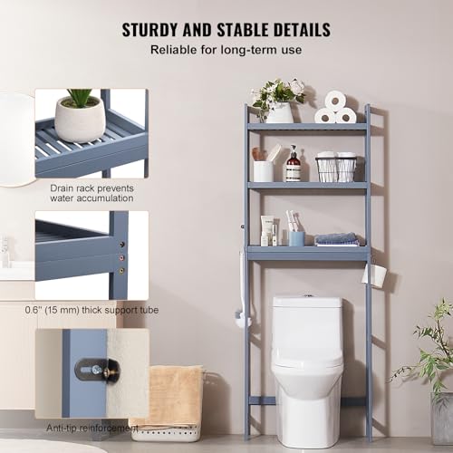 VEVOR Over the Toilet Storage, 3-Tier Adjustable Over Toilet Bathroom Organizer, Bamboo Storage Shelf Rack with 3 Hooks, Freestanding Easy Assembly Laundry Space Saver, Fit Most Toilets, Gray