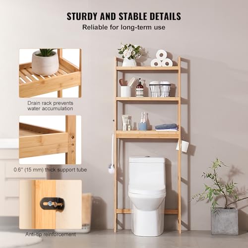 VEVOR Over The Toilet Storage, 3-Tier Adjustable Over Toilet Bathroom Organizer, Bamboo Storage Shelf Rack with 3 Hooks, Freestanding Easy Assembly Laundry Space Saver, Fit Most Toilets