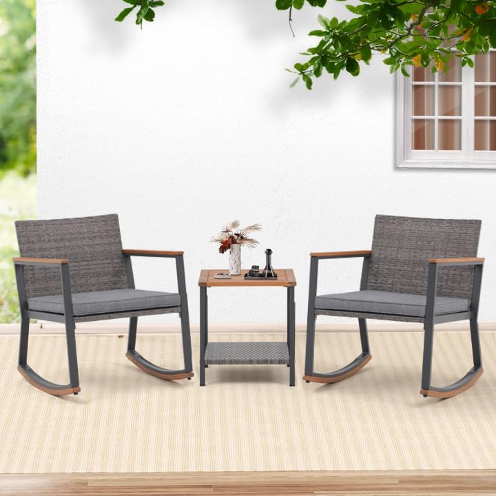 MYDEPOT Wicker Rocking Bistro Set of 3, Outdoor Rocker Chair Furniture Conversation Sets with Coffee Table & Cushions, Patio Rattan for Balcony, Lawn, Porch Poolside (Light Gray)