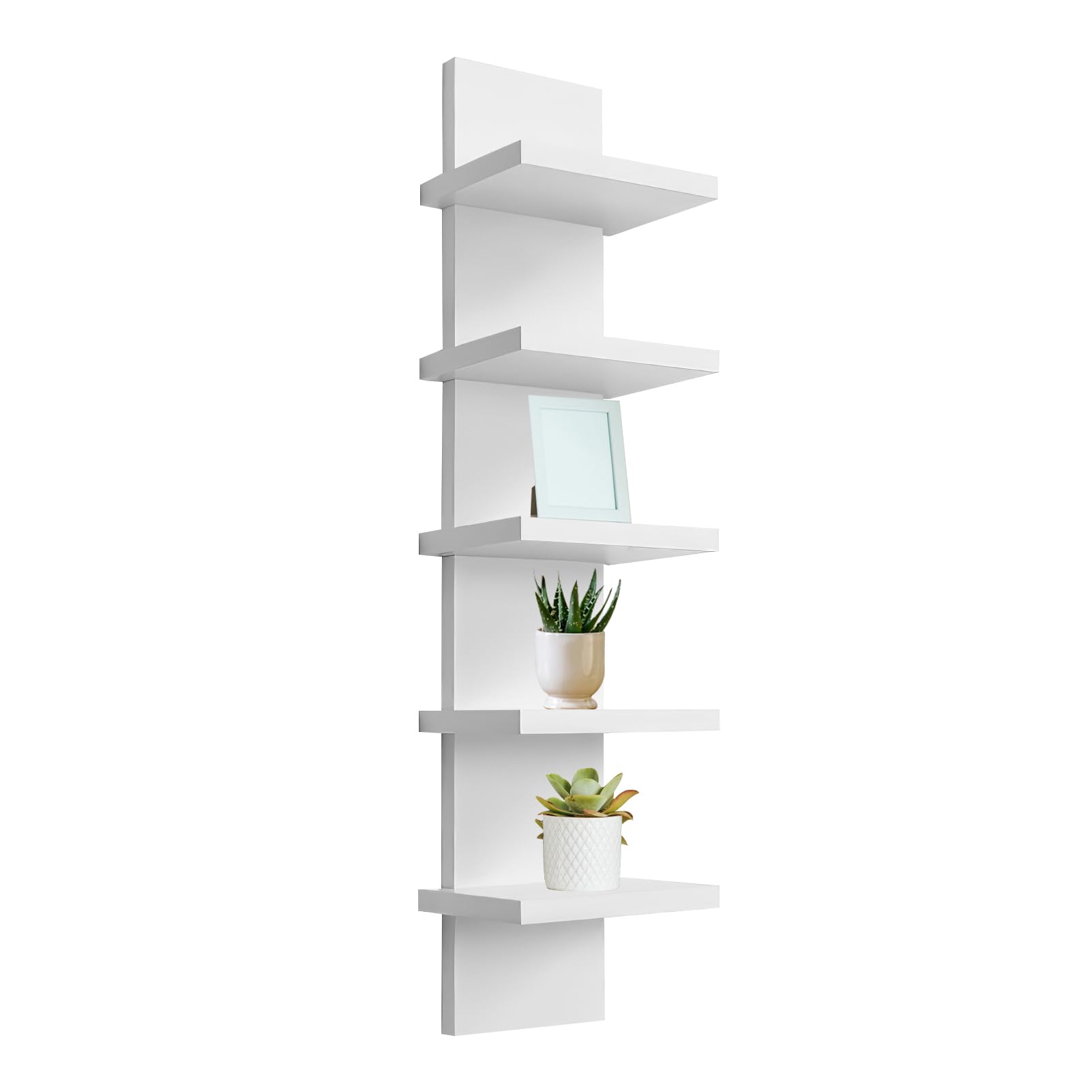 5 Tier Wall Shelf Unit - Narrow Smooth Laminate Finish - Vertical Column Wall Decor Mount Floating Storage Home Decor Organizer Tall Tower Utility Shelf for Bedrooms, Bathrooms，Living Rooms(White)