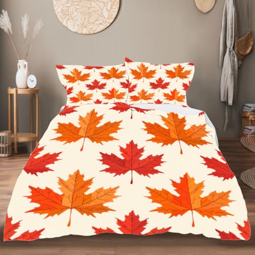 DiuuDi Maple Duvet Cover King Size 3D Printed Duvet Cover Set Light Yellow Background Orange Maple Leaves Bedding Set Home Decoration Comforter Cover Cozy Quilt Cover with 2 Pillowcases