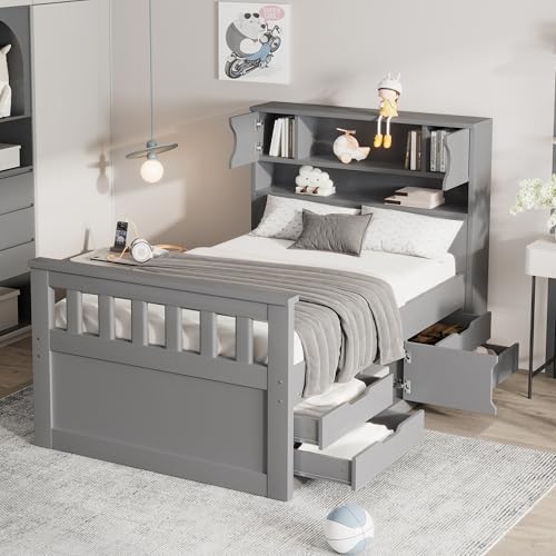 DEYOBED Twin Size Captain Platform Bed with Storage Bookcases, Shelves and 4 Drawers, Twin Wood Storage Platform Bed with Removable Storage Space for Kids, Boys and Girls, Gray