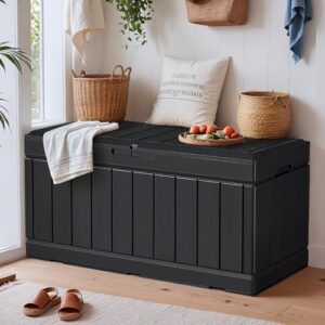 yeshomy storage chest, entryway resin shoe bench with hydraulic bracket flip lid, side holder, supports 450 lbs for bedroom, living room, lockable, dark black