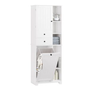 sobuy tall laundry cabinet freestanding storage cabinet with removable basket, narrow storage cabinet with compartments and drawers, suitable for bathroom, laundry room, white bzr104-w