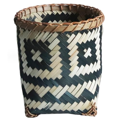 Paper Bins, Wicker Trash Can 7.9x8.3 inch Round Wicker Waste Basket Vintage Natural Bamboo Wicker Bathroom Trash Can for Bedroom Office Plant