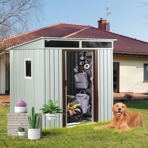 6x5 FT Outdoor Metal Storage Shed with Side Window & Transparent Plate, Utility Garden Tool Storage House with Air Vents and Lockable Sliding Doors, for Backyard Lawn (White, 6x5)