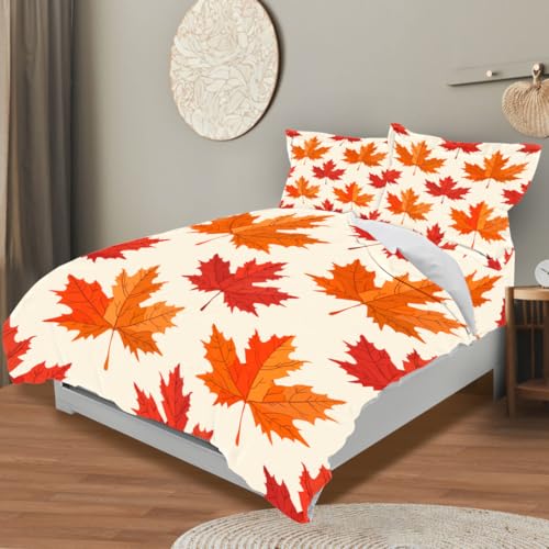 DiuuDi Maple Duvet Cover King Size 3D Printed Duvet Cover Set Light Yellow Background Orange Maple Leaves Bedding Set Home Decoration Comforter Cover Cozy Quilt Cover with 2 Pillowcases