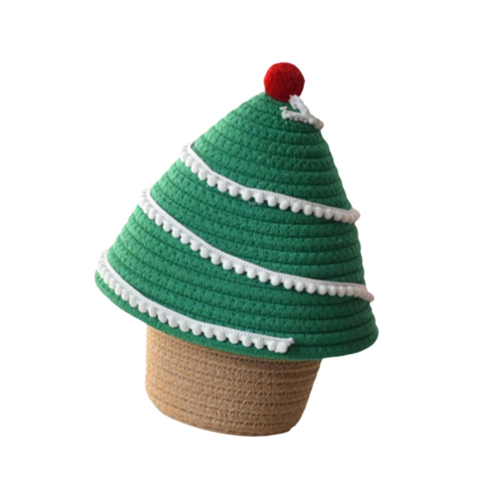 Storage Basket with Lid, Small Rope Basket with Lid, Christmas Tree Design Cotton Rope Woven for Bedroom, Desktop, Bedside, Green