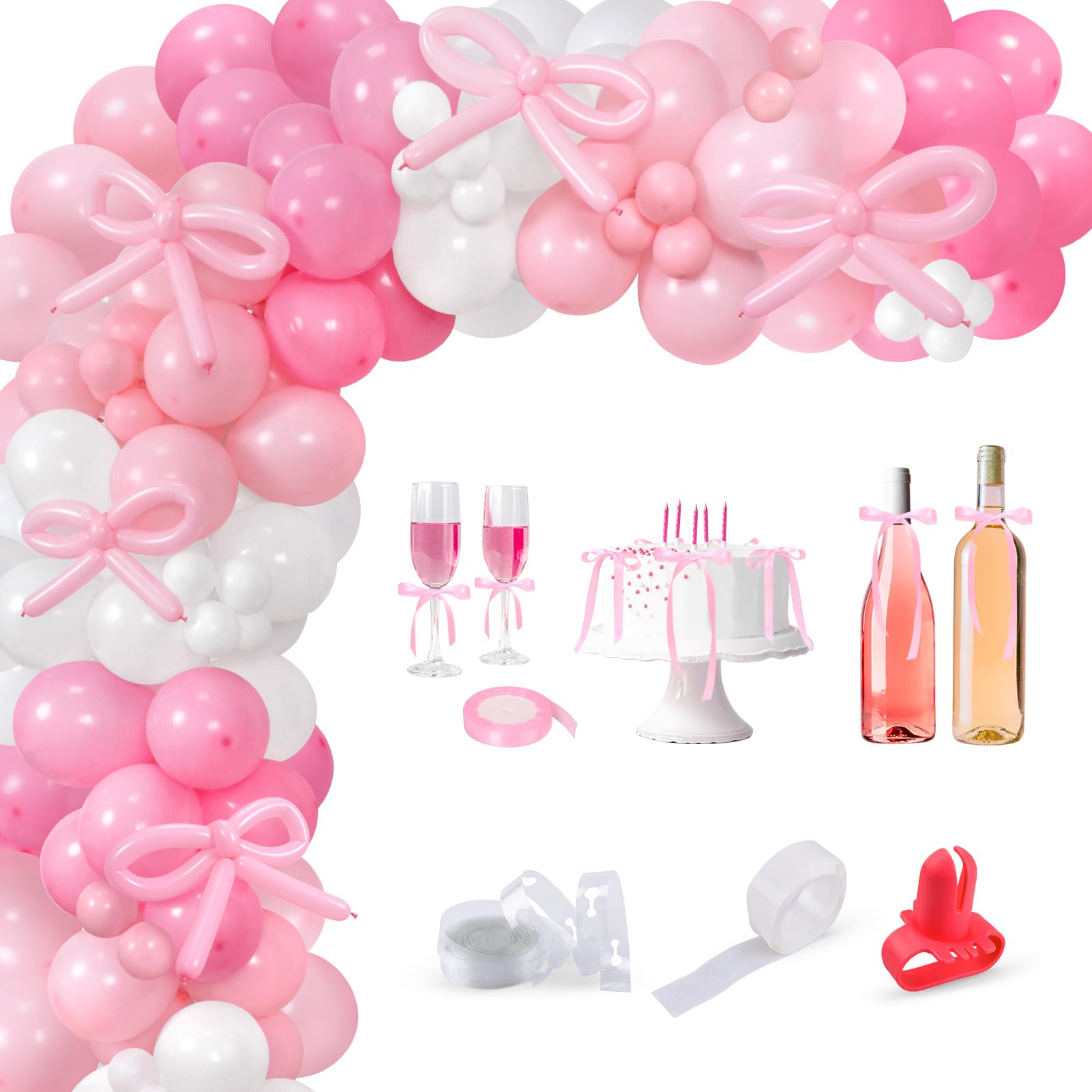 Pink Bow Balloon Arch Kit, 160 Pcs Pink Bow Balloons Garland with Long Balloons and Satin Ribbon for Bow Birthday Decor, Coquette Birthday Decortions, Bridal Shower, Bow Party Decorations