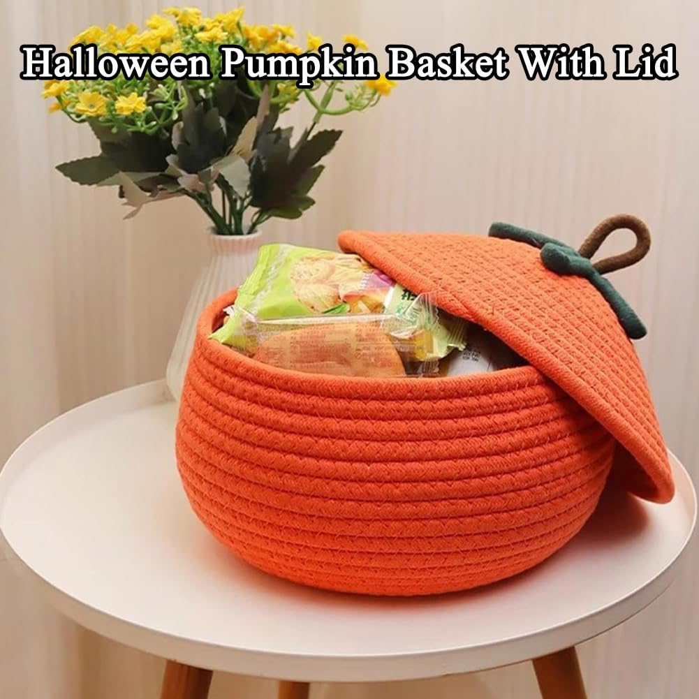 Halloween Pumpkin Basket With Lid, Halloween Pumpkin Candy Bucket, Trick Or Treat Pumpkin Woven Storage Bin, Large Capacity Woven Rope Basket For Store Toys, Candys, Snacks, Home Decor (Orange-L)