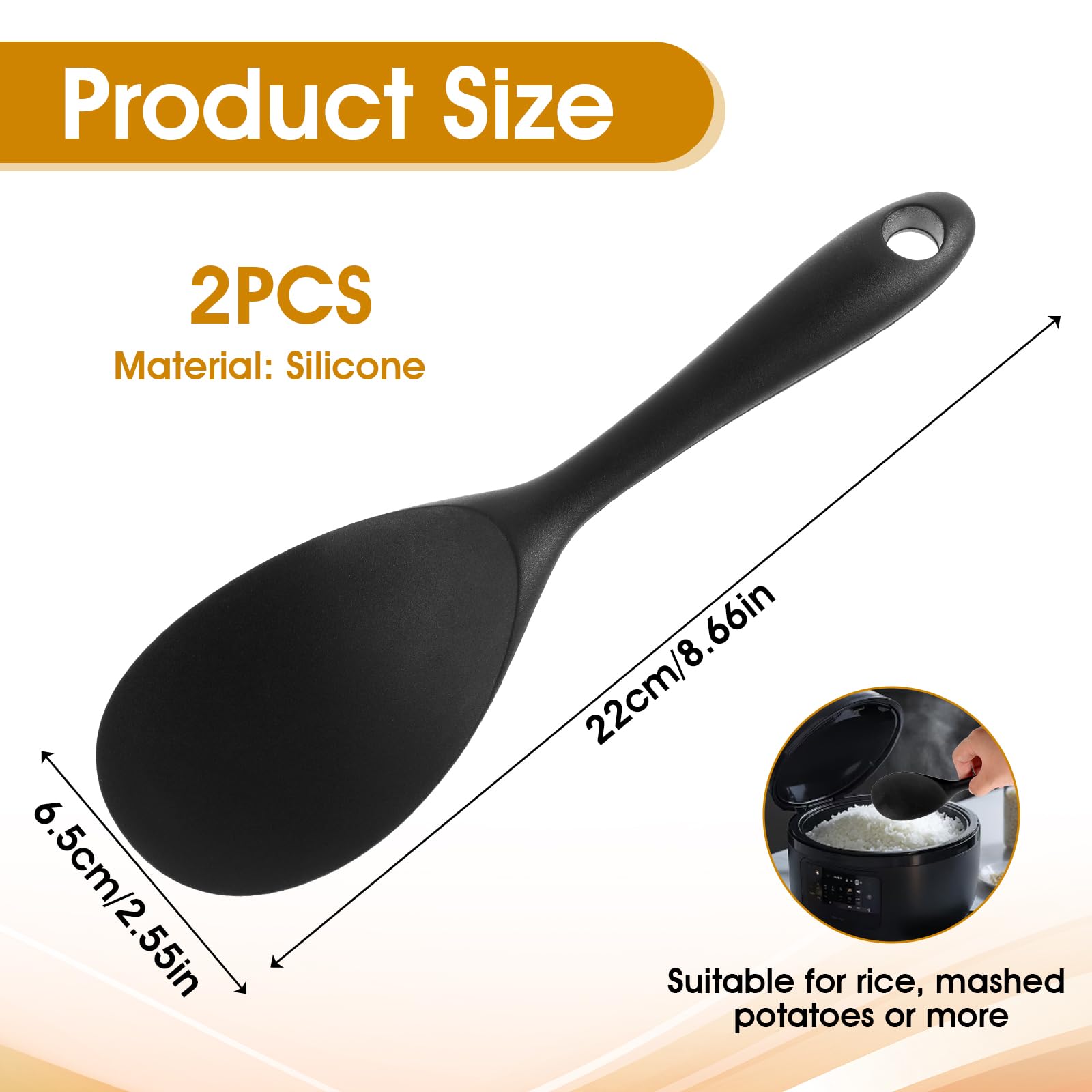 2Pcs Silicone Rice Scooper, 8.7 Inch Non-Stick Rice Paddle for Rice Mashed Potatoes, Heat Resistant Rice Paddle Spoon for Kitchen Cooking Serving Baking Stirring（Black）