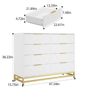 Patikuin 8 Dresser for Bedroom Wooden with 8 Drawer, Chest of Drawers Wide Dresser with Metal Handle, White Dresser for Bedroom,Living Room,Hallway and Entryway