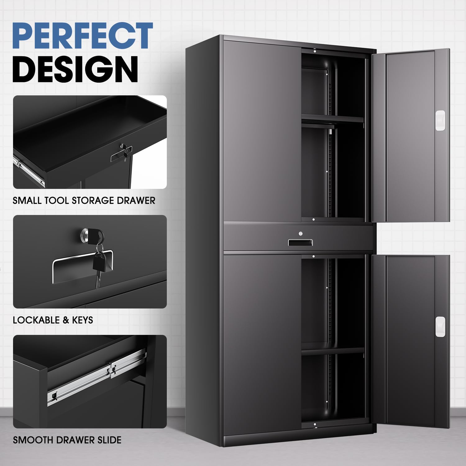 DNA MOTORING Metal Storage Cabinet, 71'' Rolling Garage Cabinet with 1 Drawer and Adjustable Shelves, Lockable Cabinet Heavy Duty Utility Cabinet for Garage,Office,Home,Gym, Black, TOOLS-00629-BK-BK