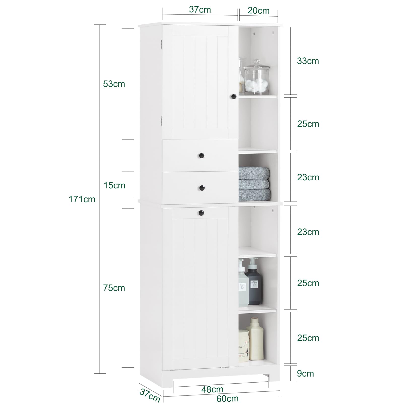 SoBuy Tall Laundry Cabinet Freestanding Storage Cabinet with Removable Basket, Narrow Storage Cabinet with Compartments and Drawers, Suitable for Bathroom, Laundry Room, White BZR104-W