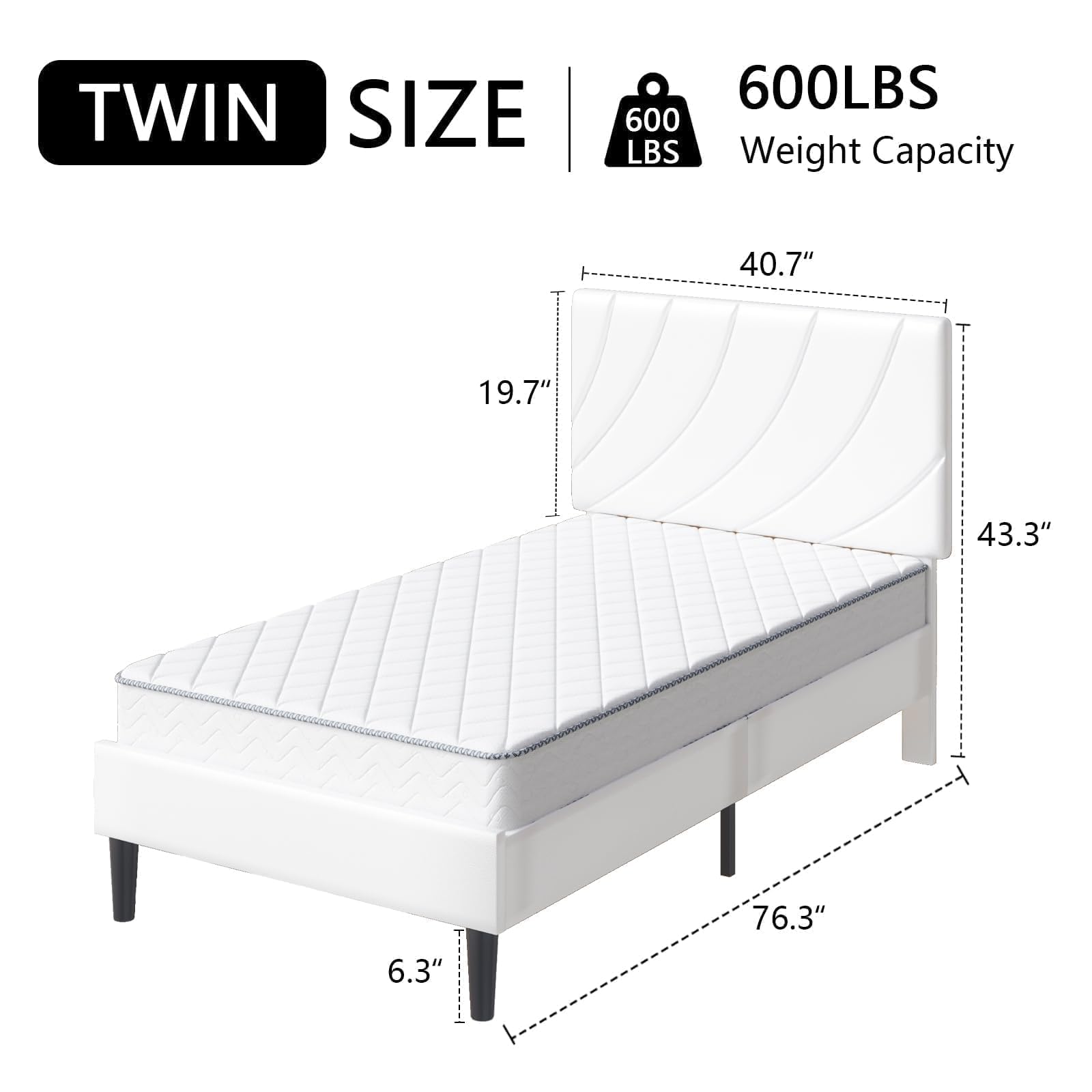 HOMBCK Twin Size Bed Frames with Headboard, Upholstered Twin Size Platform Bed Frame for Kids Girls, Leather White Twin Bed Frame with Wood Slats, No Box Spring Needed, White