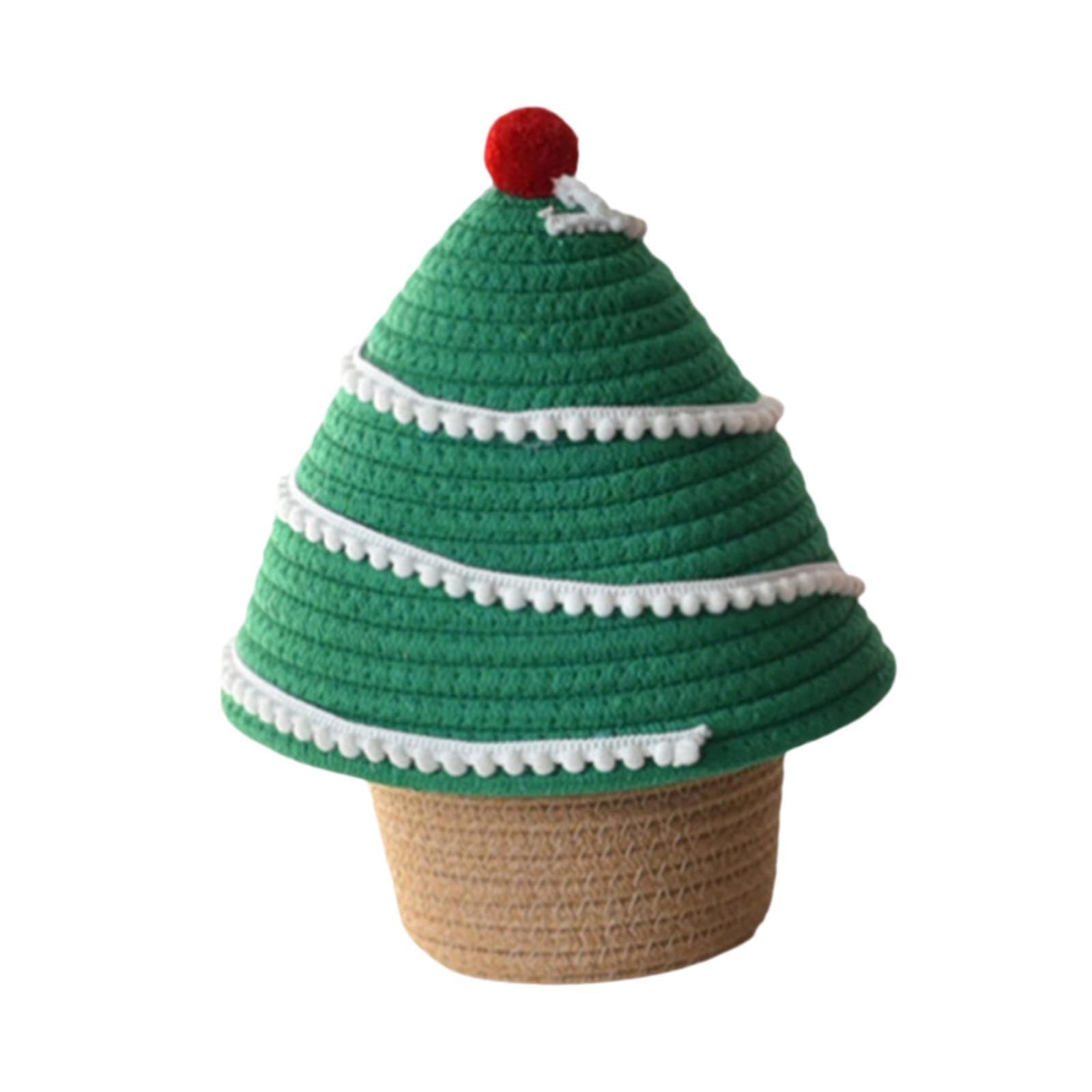 Storage Basket with Lid, Small Rope Basket with Lid, Christmas Tree Design Cotton Rope Woven for Bedroom, Desktop, Bedside, Green