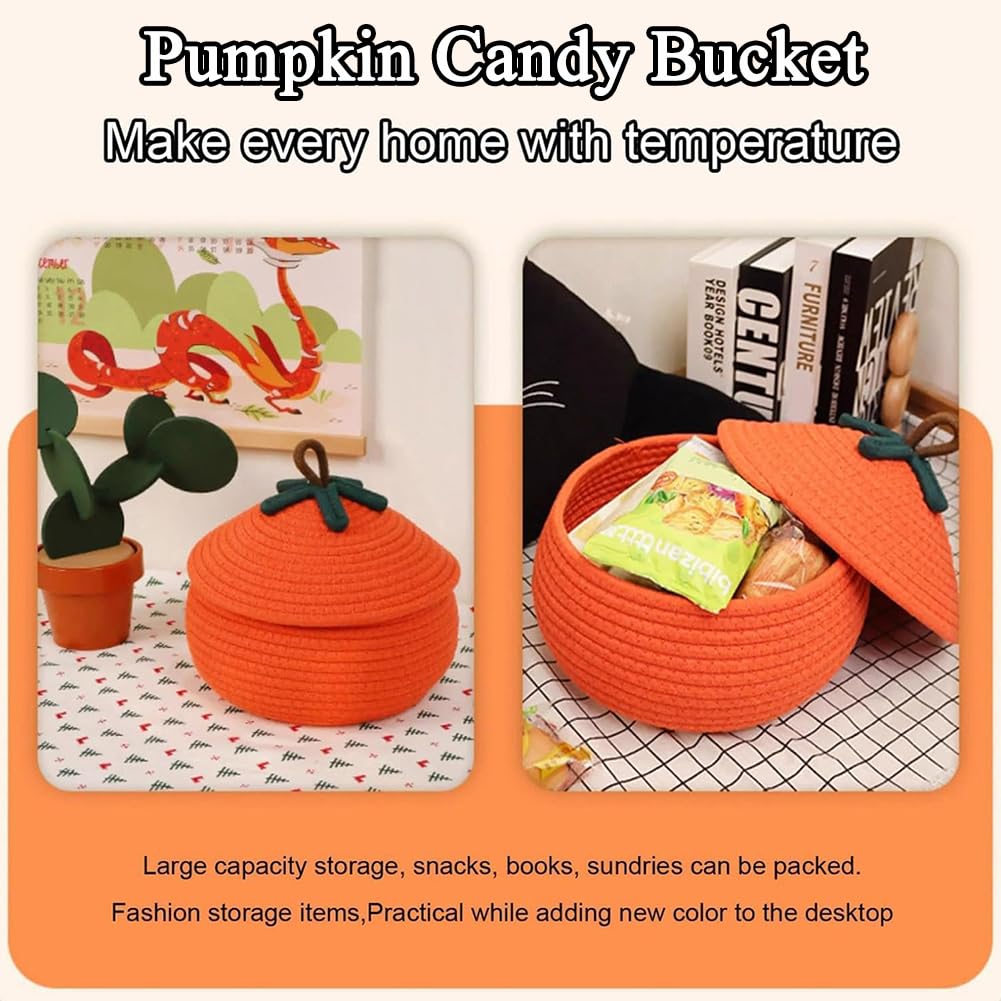 Halloween Pumpkin Basket With Lid, Halloween Pumpkin Candy Bucket, Trick Or Treat Pumpkin Woven Storage Bin, Large Capacity Woven Rope Basket For Store Toys, Candys, Snacks, Home Decor (Orange-L)