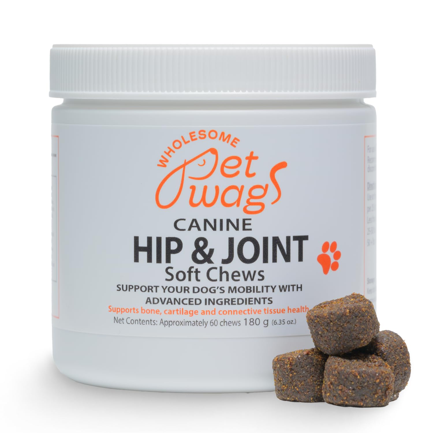 Wholesome Pet Wags Canine Hip & Joint Soft Chews | Supplement for Dogs, Glucosamine, Collagen, Chondroitin, Turmeric Supplements, Dog Joint Health Support | 60 Chews (180g, 6.35 oz.)