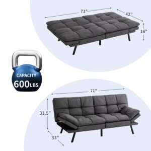 MUUEGM Futon Sofa Bed Small Sofa Loveseat Sleeper Sofa Leather Daybed, 71" Sofabed, Adjustable Back and Arm, 2 Seater Futon Couch for Living Room, Office, Dormitory, Apartment, Bedroom, Dark Grey